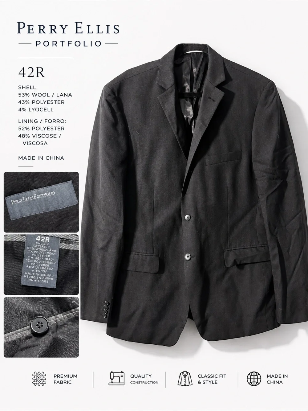 Perry Ellis Portfolio Wool Blend Sport Coat Blazer Men’s 42R Charcoal 2-Button